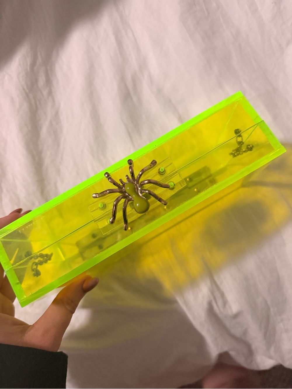 Neon Yellow Green Acrylic Clutch with Spider Accent